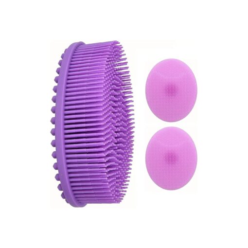 Exfoliating Silicone Body Scrubber with 2 Soft Facial Cleansing Brush, Hygienic Easy to Clean Exfoliating Brush Silicone Loofah, Massager Silicone Bath Body Brush