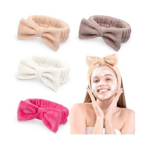 4 Pack Spa Headband, Makeup Headband Skincare Headbands Bow Hair Band for Washing Face Facial Yoga Shower, Soft Coral Fleece Head Band Wraps for Women and Girls