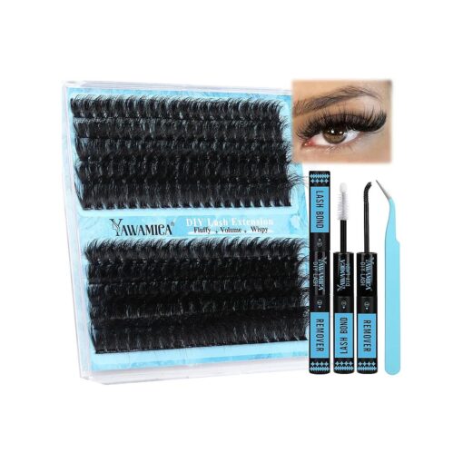 Yawamica Lash Extension Kit Fluffy 150D+200D Lash Clusters Eyelash Extension Kit 12-20mm Individual Lashes with Lash Bond, Lash Remover, Lash Applicator for DIY Lashes Extension ( 150D+200D-12-20MM Kit )