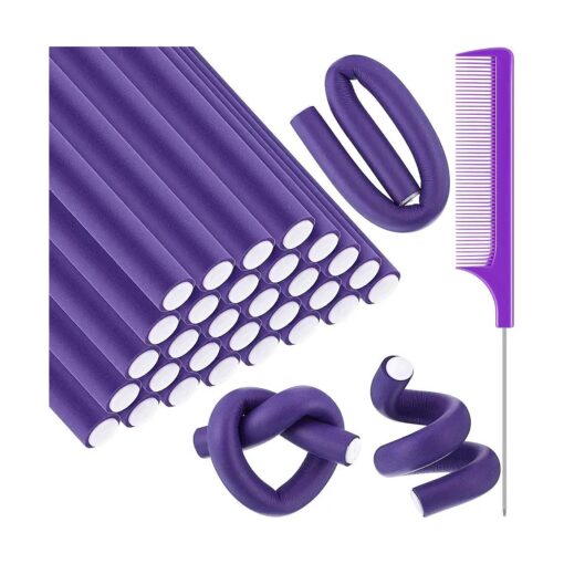 30 Pieces Flexible Curling Rods Twist Foam Hair Rollers Soft Foam No Heat Hair Rods Rollers and 1 Steel Pintail Comb Rat Tail Comb for Women Girls Long and Short Hair ( Purple, 9.45 x 0.55 Inch )