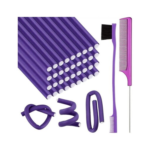 36 Pieces Flexible Foam Curling Rods Twist Foam Hair Roller Bendy Rollers Soft No Heat Hair Rollers and Hair Edge Brush Rat Tail Comb for Women Girls Short, Medium, Long Hair ( Purple,0.32 x 9.4 Inch )