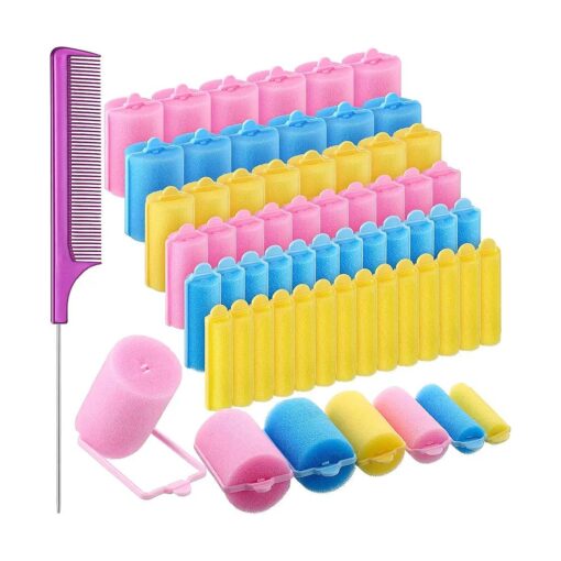 56 Pieces Foam Sponge Hair Rollers Soft Sleeping Hair Curler Assorted Sizes Flexible Hair Styling Sponge Curler with Stainless Steel Rat Tail Comb Pintail Comb for Hairdressing Styling ( Mixed Color )