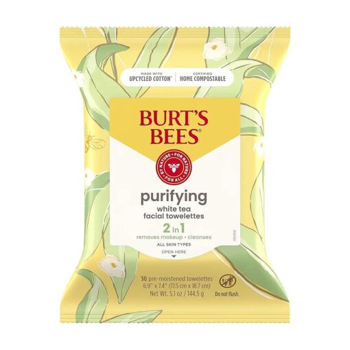 Burt 's Bees Purifying Facial Towelettes With White Tea, Pre-Moistened Towelettes for All Skin Types, 99.1 Percent Natural Origin Skin Care, 30 ct. Package