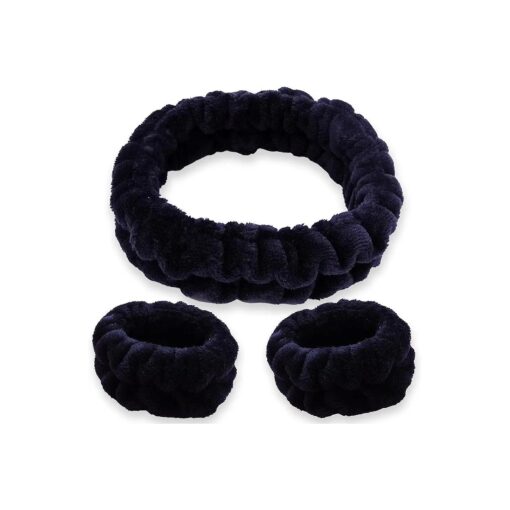 FROG SAC Puffy Spa Headband and Wristbands for Face Washing, Fuzzy Skincare Headbands for Women, Soft Makeup Skin Care Hair Accessories for Girls, Bubble Make Up Sleepover Party Supplies ( Black )