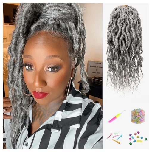 Hahoness Goddess Wavy Locs Crochet Hair 16 Inch 6 Packs Pre Looped Curly Soft Gray Faux Locs Dreadlock Synthetic Ombre Braiding Hair Extensions For Black Women ( 16 Inch-6 Packs, Gray/Silver )