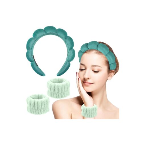 Sibba Sponge Headband Wristband Sets for Washing Face, Makeup Headbands for Women Girls, Skincare Makeup Removal Wash Spa Yoga Sports Shower Head Band Terry Towel Cloth Hair Band ( Green )