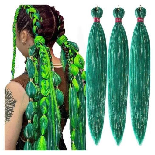 Green Tinsel Braiding Hair Pre Stretched 26 Inch Kanekalon Braiding Hair Extensions 3 Packs Synthetic Fiber Hair for Braids