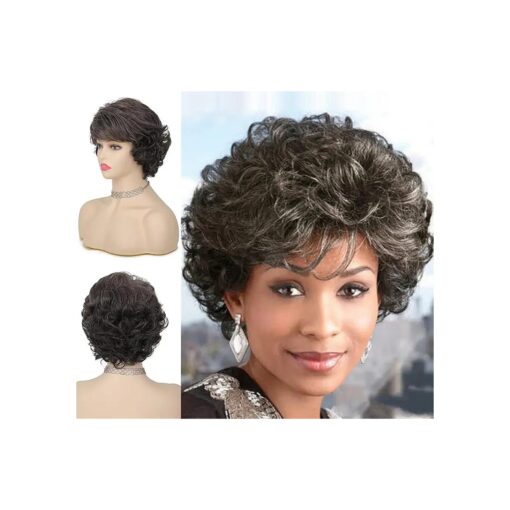 Short Grey Curly Wigs for Women Gray Layered Fluffy Synthetic Hair Soft Old Lady Wigs with Bangs Natural Looking Cosplay Daily Use ( Grey Mix Brown )