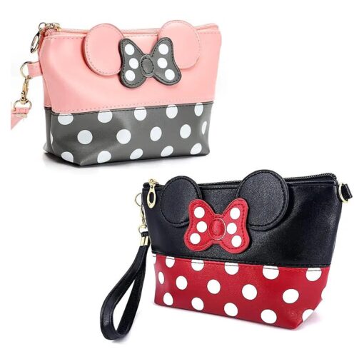 2 Pcs Cartoon Leather Travel Makeup Handbag, Cute Portable Cosmetic bag Toiletry Pouch for Women Teen Girls Kids ( Black & Pink )