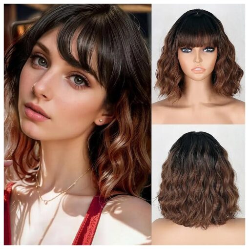 MISSQUEEN Short Brown Wig with Bangs for Women Shoulder Length Bob Curly Women 's Charming Synthetic Black to Brown Wigs Natural Wavy Heat Resistant Hair for Daily Party Use