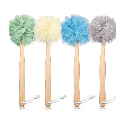 4 Pieces Loofah Back Scrubber Bath Sponge with Wooden Handle Long Handle Sponge Mesh on a Stick for Shower Exfoliating Bath Body Brush Luffa Back Brush for Women Men ( White, Grey, Blue, Green )