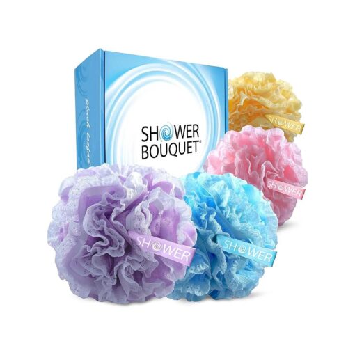 Loofah-Bath-Sponge Lace-Mesh-Set > > 2-Scrubs-in-1 by Shower Bouquet : Large Full 60g Pouf ( 4 Pack Spa Colors ) Body Luffa Loofa Loufa Puff - Exfoliate, Cleanse Skin with Luxurious Bathing Accessories