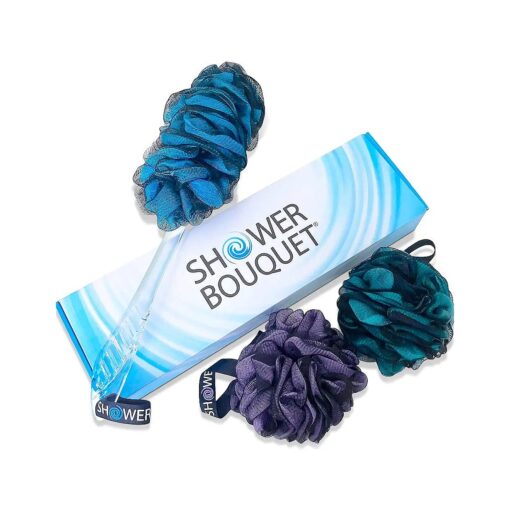 Loofah-Charcoal Back-Scrubber & Bath-Sponge Color-Set by-Shower-Bouquet : 1 Long-Handle-Back-Brush Plus 2 Extra Large 75g Soft Mesh Poufs, Men & Women - Exfoliating Cleanse with XL Luffa Lufas Loofahs