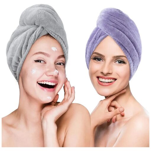 Microfiber Hair Towel Drying Wrap : 2Pack Head Dry Towel Twist Drying Turban Anti Frizz Long Quick Rapid Absorbent Women Wet Plopping Curly Hair Towel Twisty for Girls Kids Button ( Gray/Purple )