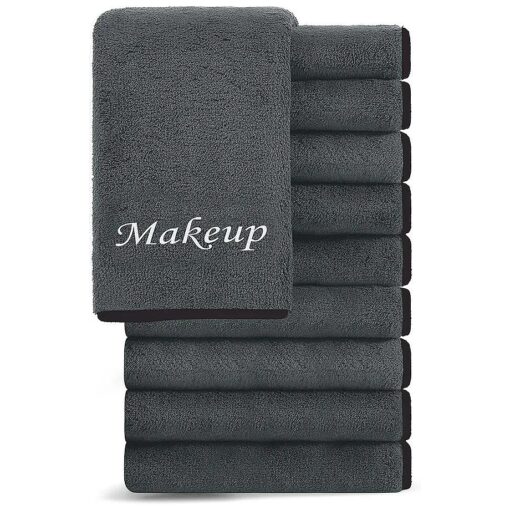 10 Pack Makeup Remover Wash Cloths - Soft Microfiber Fingertip Facial Cleansing Cloths for Hand and Make Up, 12 x 12 in, Black Grey