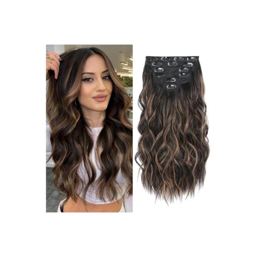 Clip in Hair Extensions, 6 PCS Natural & Soft Hair & Blends Well Lonng Wavy Hairpieces ( 20inch, 6pcs, Black & Dark mix light brown )