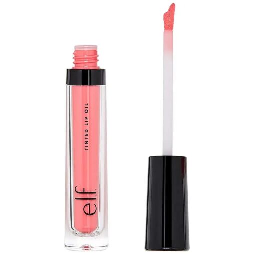 e.l.f, Cosmetics Tinted Lip Oil, Long Lasting & Sheer Coverage, Non-Sticky, Hydrates, Adds Shine, Infused with Jojoba, Apricot & Vitamin E, Coral Kiss, 0.1 Oz