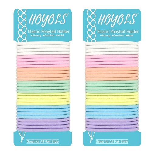 HOYOLS No Metal Hair Elastics Bands, Assorted Baby Color Ponytail Holder No Snag Hair Ties for Girls Women Thick Hair, Hair Accessories Pink Blue Yellow White - 7 Colors 56 Count 4mm ( Baby Color )