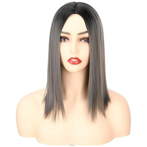 Ombre Color Short Bob Straight Synthetic None Lace Hair Wigs Dark Roots for Women ( # 1B & Charcoal Grey )