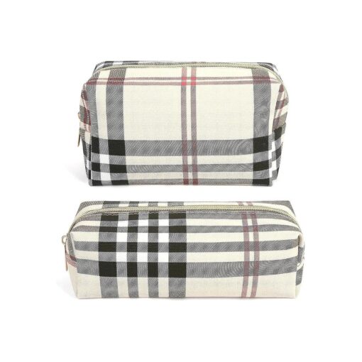 MAANGE Small Makeup Bag for Purse, 2 PCS Cosmetic Bag for Women Travel Makeup Pouch Leather Make up Bag Portable Zipper Pouch Makeup Brushes Bag - khaki plaid