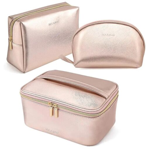 MAANGE 3 Pcs Makeup Bag Portable Travel Cosmetic Bag Large Makeup Bag Organizer with Gold Zipper Waterproof Toiletry Bags for Women and Girls ( Rose Gold )