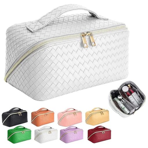 ZAUKNYA Large Capacity Travel Cosmetic Bag - Makeup Bag, Portable Leather Waterproof Women Travel Makeup Bag Organizer, with Handle and Divider Flat Lay Checkered Cosmetic Bags ( White )