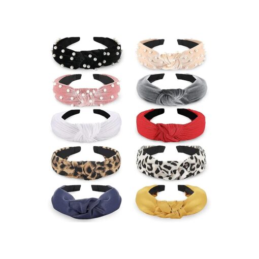 Funtopia Fashion Headbands for Women Girls, 10 Pcs Knotted Pearl Wide Top Knot Turban Hair Bands/ Hoops Vintage Velvet Leopard Print