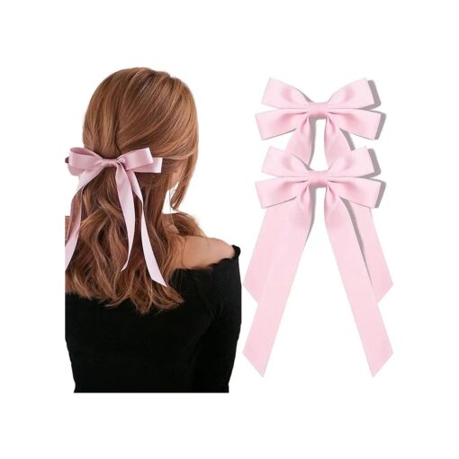 2PCS Silky Satin Hair Bows Pink Hair Ribbon Clips for women Ponytail Holder Hair Accessories Alligator Clips Hair Bow for Women Girls Toddlers Teens Kids