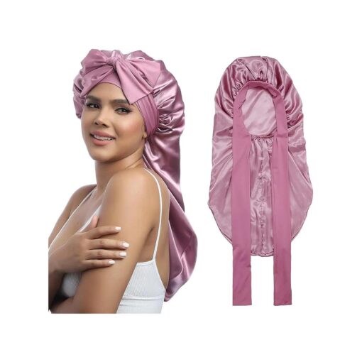 AWAYTR Long Satin Bonnet for Women - Double Layer Elastic Silk Bonnet for Braids Hair Sleeping Cap with Tie Band ( Rose Gold )