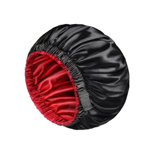 mikimini Satin Bonnet for Men and Women, Reversible Double Layer Sleeping Bonnet for Hair Braids with Anti-Slip Adjustable Elastic Band Super Soft ( XL, Black/Red )