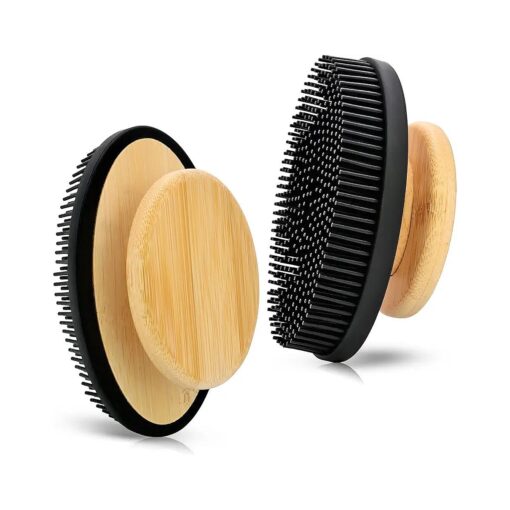 Soft Silicone Body Scrubber Shower Brush, Gentle Exfoliation, Non-Slip Bamboo Handle Silicone Loofah, Easy to Grip, Body Scrubber for Men, Durable and Easy to Clean, 1pc ( Black )