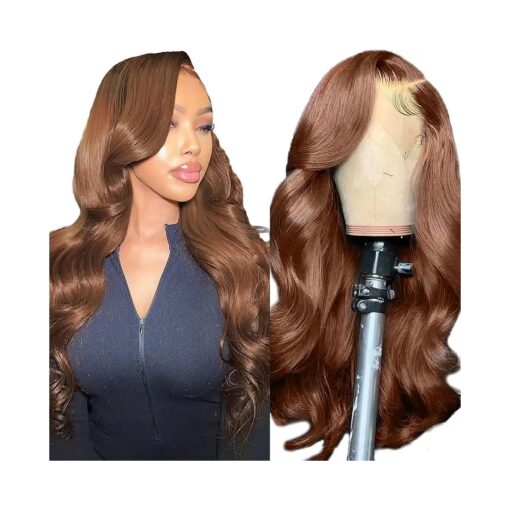 Chocolate Brown 13x4 Body Wave Lace Front Wigs Human Hair Pre Plucked 180 % Density Colored Lace Frontal Human Hair with Baby Hair Wigs for Women Glueless HD Lace Closure Curly Lace Front Wig 22 Inch