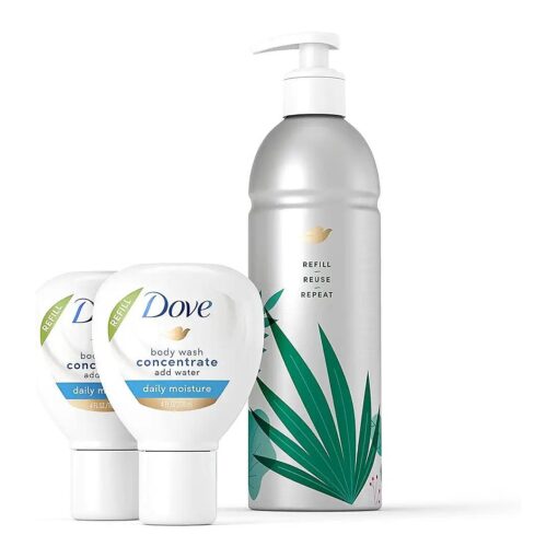 Dove Body Wash Concentrate Refills ( x2 ) & Recyclable Aluminum for Instantly Soft Skin Reusable Bottle Starter Kit for Lasting Skincare Nourishment 4 FL OZ ( makes 16 fl oz )