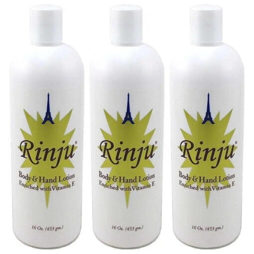 Rinju Body & Hand Lotion 16 Ounce Enriched With Vitamin-E ( 453gm ) ( 3 Pack ) with a free 2oz Pla Touche lotion