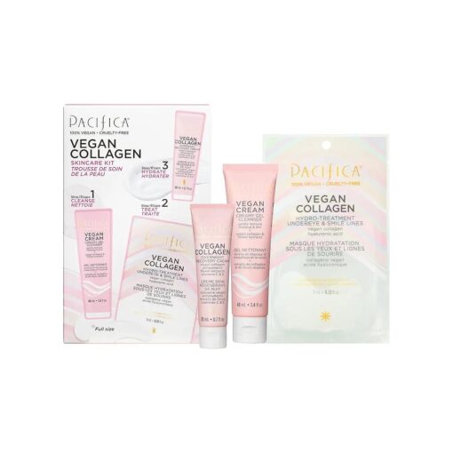 Pacifica Beauty | Vegan Collagen Trial/Value Kit | 3-Piece Skin Care Gift Set | Travel Friendly | Under Eye Patches, Overnight Face Mask, & Face Wash/Cleanser | Vitamin C + E, Hyaluronic Acid | Pink