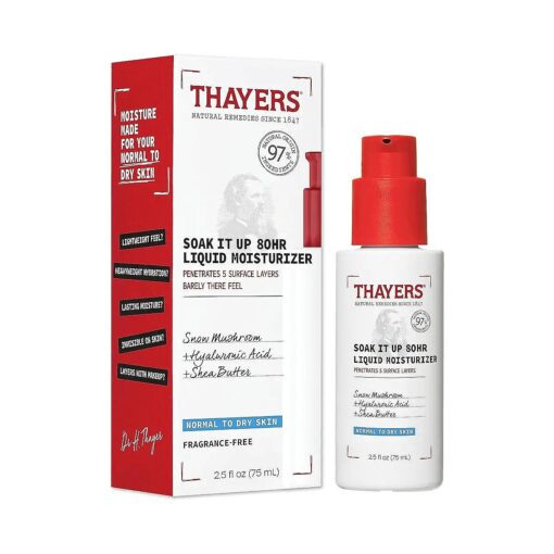 THAYERS Soak It Up 80HR Liquid Moisturizer, Face Moisturizer with Hyaluronic Acid and Snow Mushroom, Dermatologist Tested Skin Care for Normal to Dry Skin, 2.5 Oz