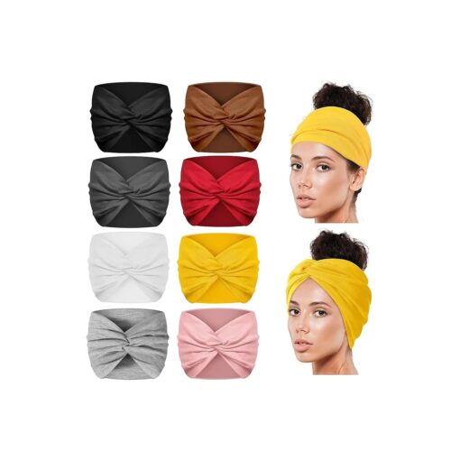 Wide Headbands for Women, 7" Extra Large Hair Bands Twist Knotted Boho Stretchy Head Wraps for Girls Headband Turban Yoga Workout Vintage Hair Accessories, Solid Color, 8Pcs