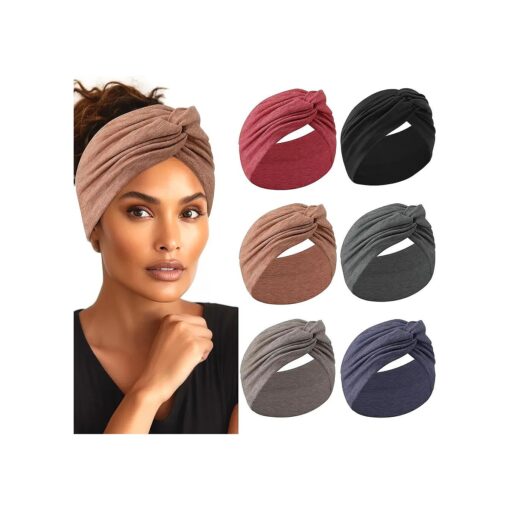 Extra Wide Headbands for Women, 7" Large Cotton Like Turban Knotted Bandana Head Bands for Women Non Slip, Boho Headbands for Women 's Hair Workout Sports Yoga Skincare, 6pack