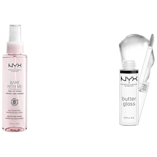 NYX PROFESSIONAL MAKEUP Bare With Me Multitasking Primer & Setting Spray & Butter Gloss, Non-Sticky Lip Gloss - Sugar Glass ( Clear )