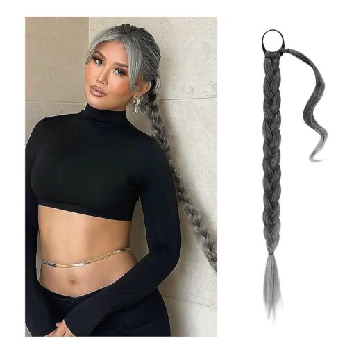 BARSDAR 30 Inch Long Braided Ponytail Extension with Hair Tie Straight Wrap Around Hair Extensions Pony Tail DIY Natural Soft Synthetic Hair Piece for Women Girls-Black Mixed Silver Grey -gradient