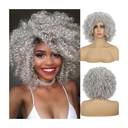 BECUS Afro Curly Wigs for Black Women Fluffy Kinky Curly Hair Wig with Bangs Afro Wig for Women Synthetic Soft Hair Short Curly White Wig 10Inch