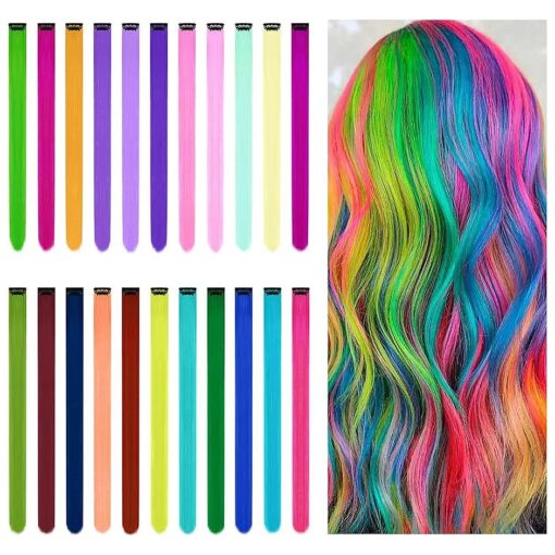 22PCS Colored Hair Extensions, Clip in Hair Extensions Rainbow High Hair Accessories for Girls Women 20 inches Colorful Long Straight Hair Rainbow Hairpieces Hair Extensions Party Decoration