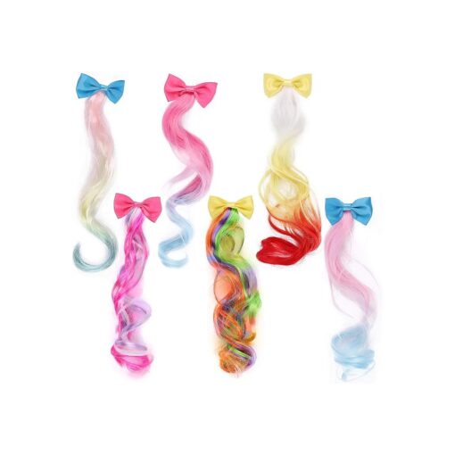 6 Pcs Colored Kids Hair Extensions with Cute Clips Bows for Little Girls Toddler Party Birthday Hair Accessories