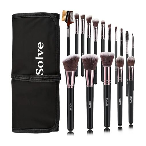 Makeup Brushes SOLVE Professional 16pcs Brushes Set with case, face makeup brushes set foundation eyeshadow brush set travel make up brushes with wooden Handle Softy synthetic fiber ( Black & Rose )