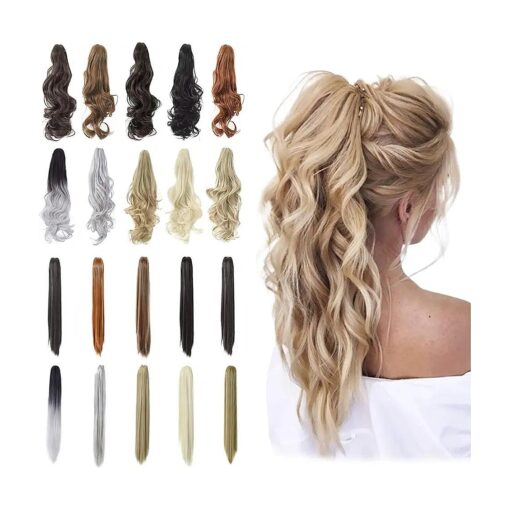 Qunlinta Hair Extensions Ponytail 18" 20" Claw Curly Wavy Ponytail Extension Straight Clip in Synthetic Hairpiece Ash Blonde Mix Light Brown