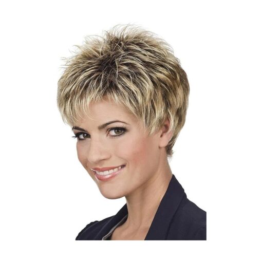 SEVENCOLORS Short Pixie Cut Wigs for White Women Mixed Blonde Short Wigs with Brown Roots Synthetic Hair Replacement Wigs for Women