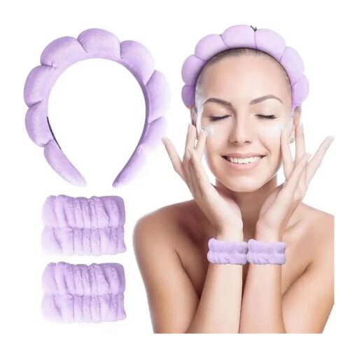 3 PCS Spa Headband and Wristband Set for Washing Face, Terry Cloth Facial Puffy Makeup Headband for Women ( Purple )