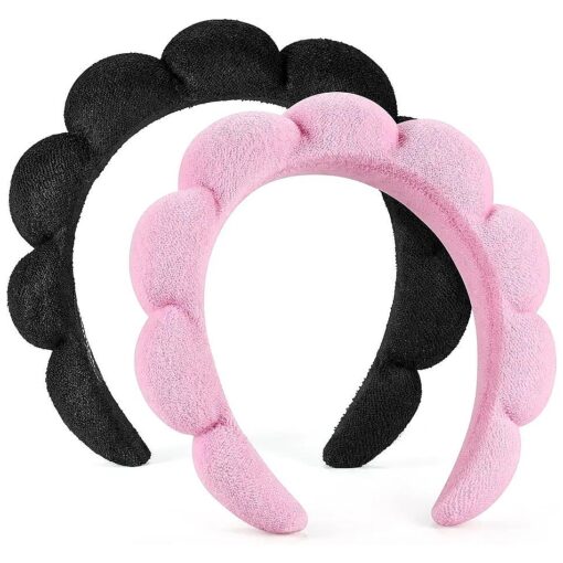 Spa Headbands for Washing Face or Facial, Set of 2 Skincare Headbands, Terry Cloth Headband Combo Pack - Puffy Makeup Headbands for Face Washing, Mask, Skin Treatment ( Pink & Black )