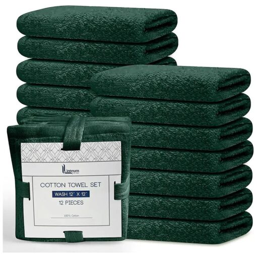 Linteum Textile Premium Wash Cloths Set - 12x12 Inches ( 12 Pack ) Hunter Green - 100 % Cotton Ring Spun Washcloths, Highly Absorbent & Soft Feel Face Towels for Bathroom, Spa and Gym