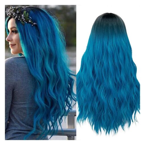 Mildiso Blue Wigs for Women 26" Long Ombre Blue Wig with Wig Cap Curly Wavy Blue Mermaid Wig Natural Cute Soft Wigs for Daily Party M052B